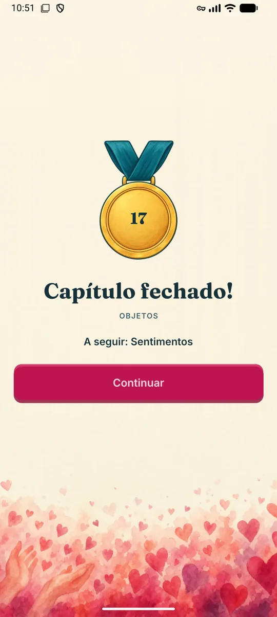 Medalha de capítulo fechado no Caça-Palavras, com o tema seguinte anunciado